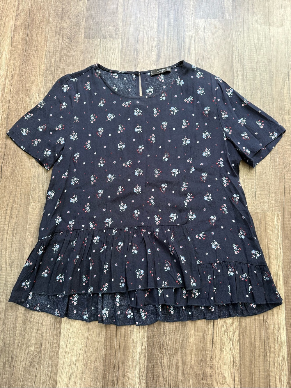 Mango Basics Navy Ditsy Floral Ruffle Blouse M Romantic Boho Peplum Top
